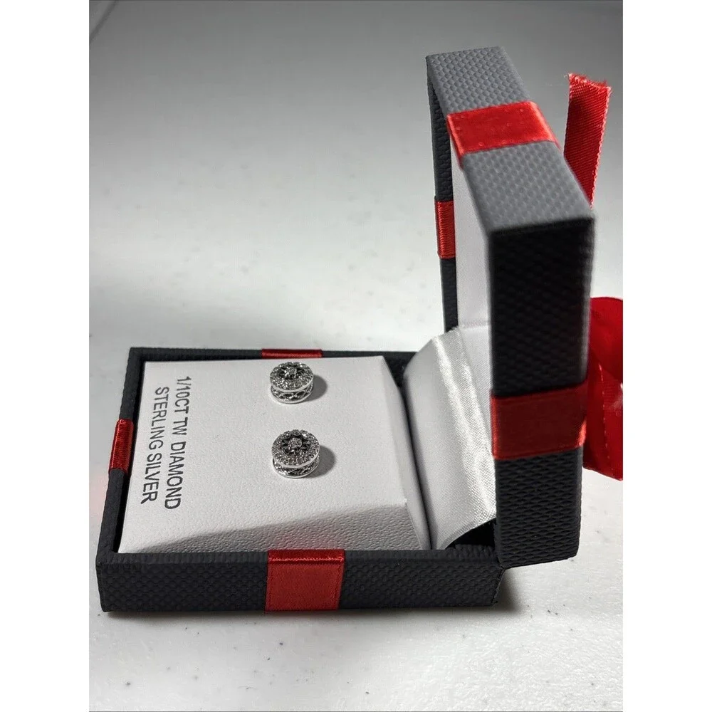 New  1/10 CTTW Diamond Sterling Silver Stud Earrings in Gift Box